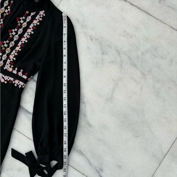 Ann Taylor Embroidered Dress Black Tie Sleeve Split Neck Size 0P - Picture 11 of 14